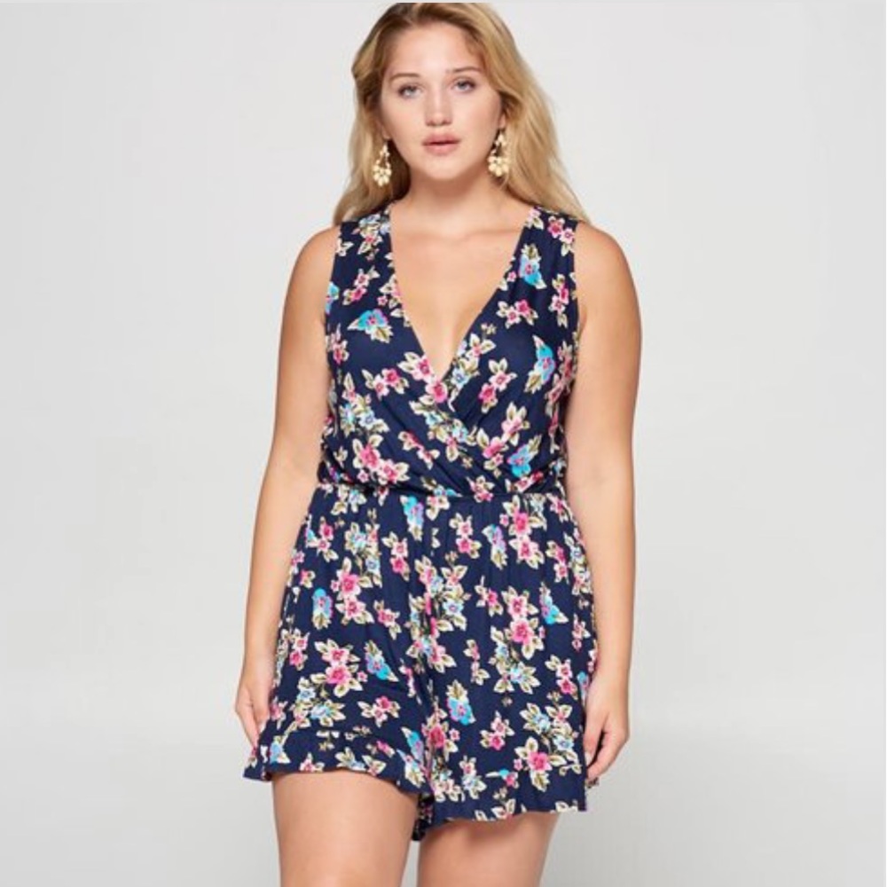 Plus Size Floral Sleeveless Jersey Romper Navy